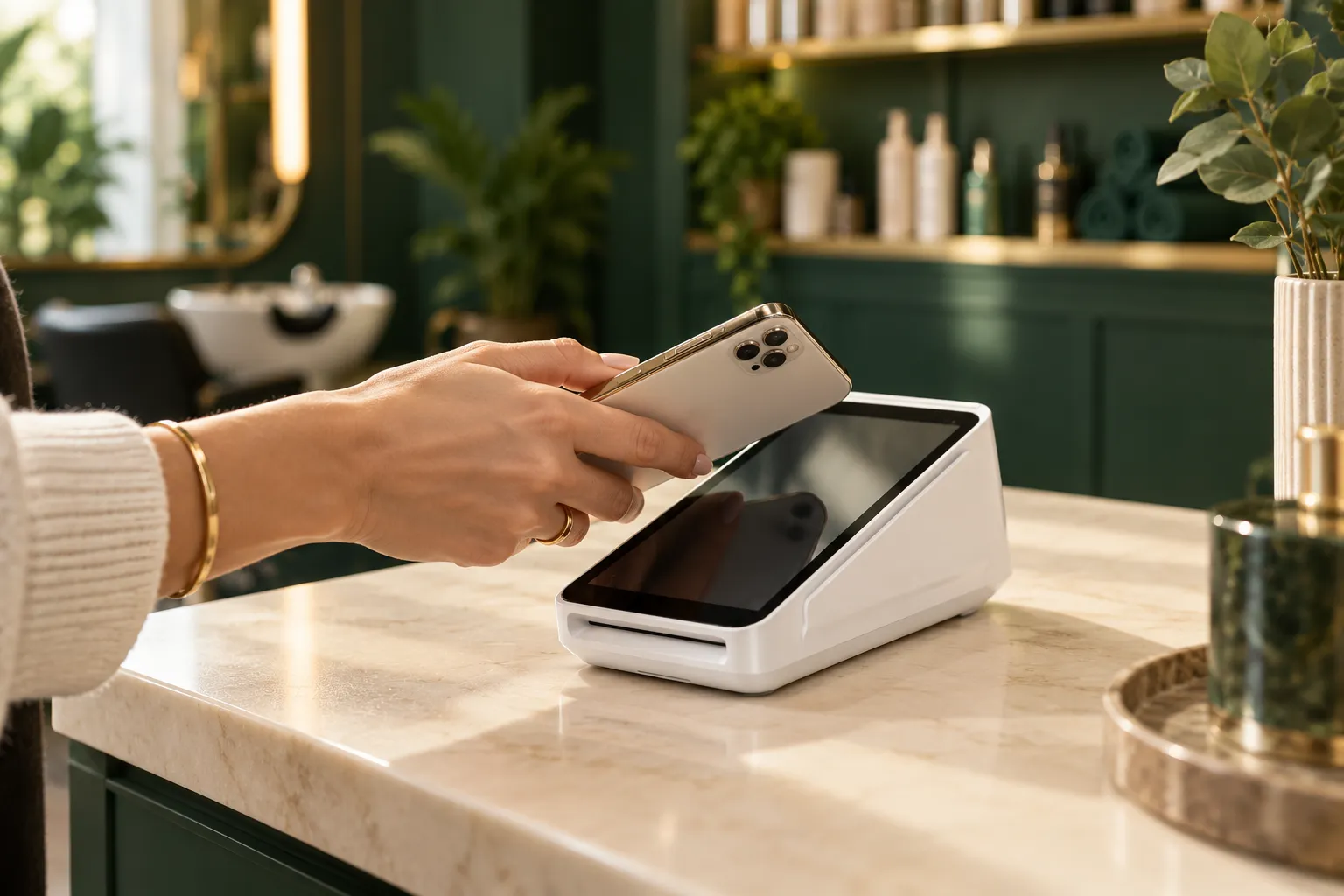 Illustrative salon scene of a phone tapping a countertop card terminal