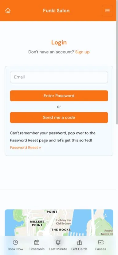 The real Funki Salon customer portal login screen